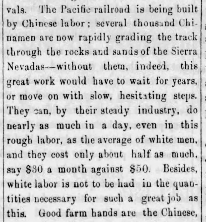 Chinese laborers work on the Transcontinental Railroad at about half the pay of white workers, 1865