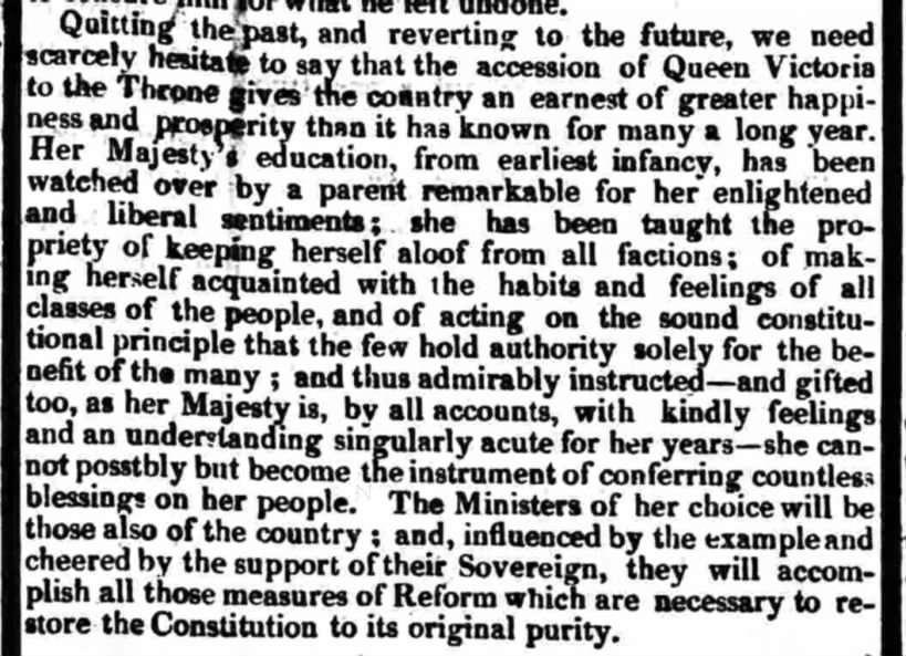 Editorial: New queen Victoria will give "the country [...] greater happiness and prosperity"