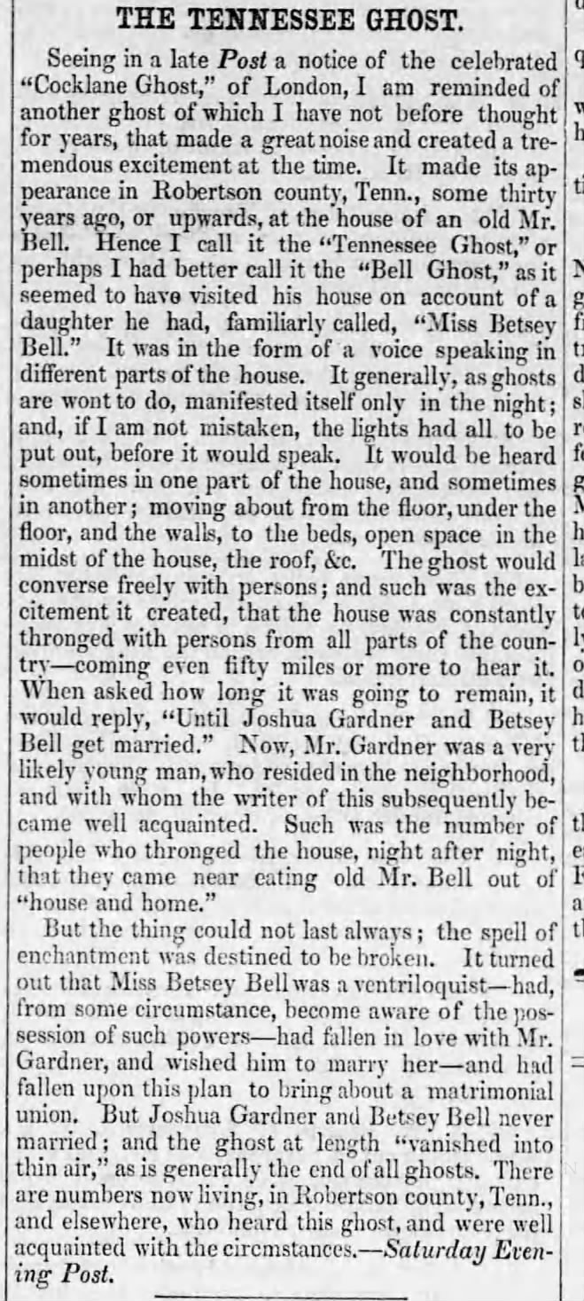 "The Tennessee Ghost" Bell Witch ghost story (1856)