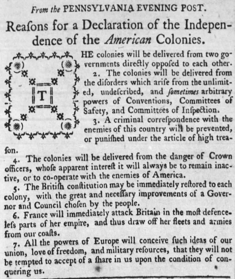 "Reasons for a Declaration of Independence of the American Colonies" May 1776