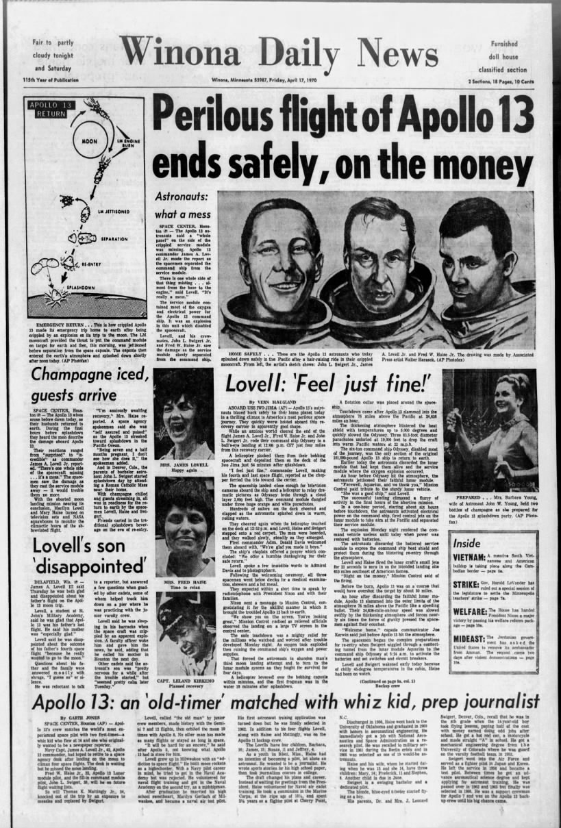 Newspaper front page with articles and images about Apollo 13's splashdown on April 17, 1970