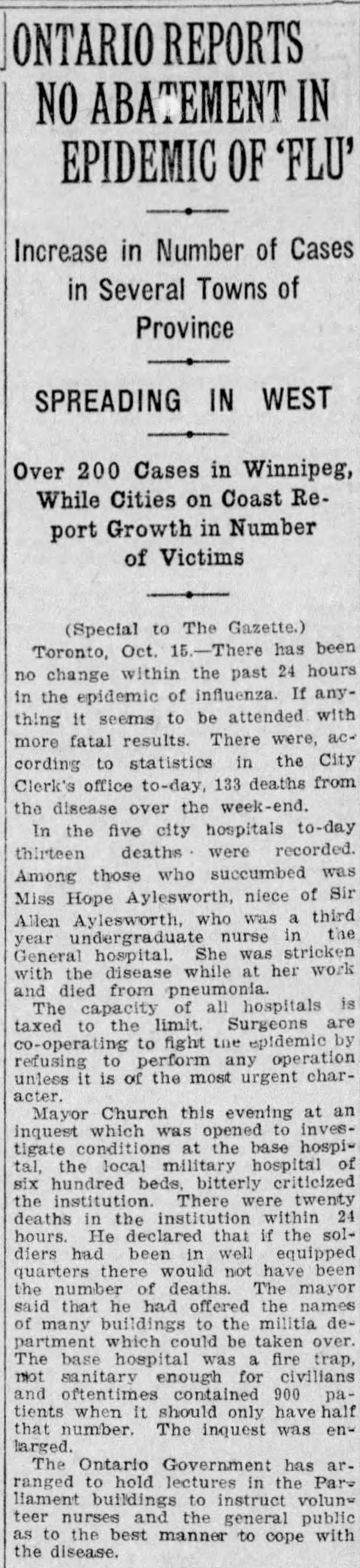 There is "no abatement in epidemic of flu" in Ontario, Canada, as of October 1918