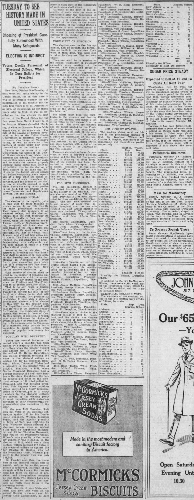 Canadian newspaper explains U.S. Electoral College ahead of 1920 presidential election