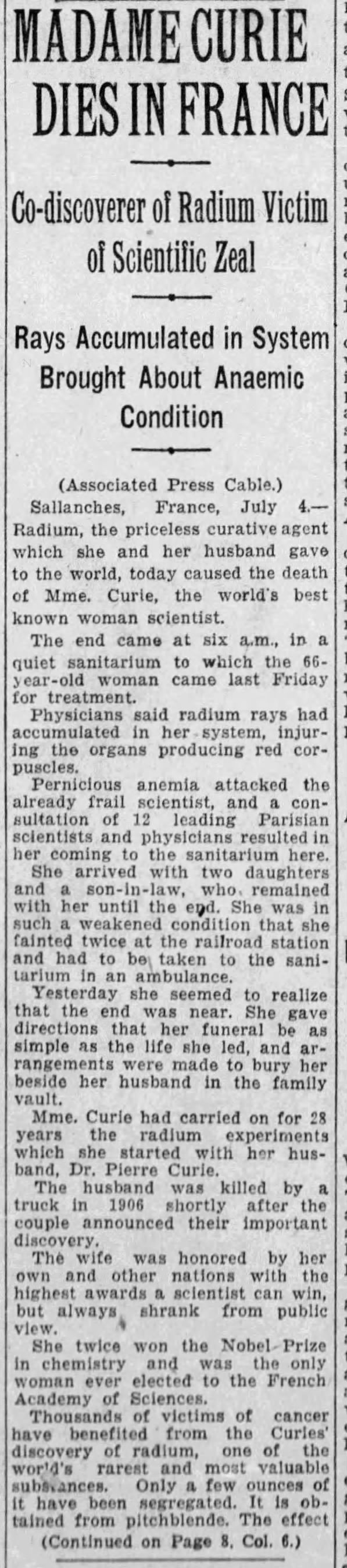 Excerpt from obituary for Marie Curie after her death on July 4, 1934