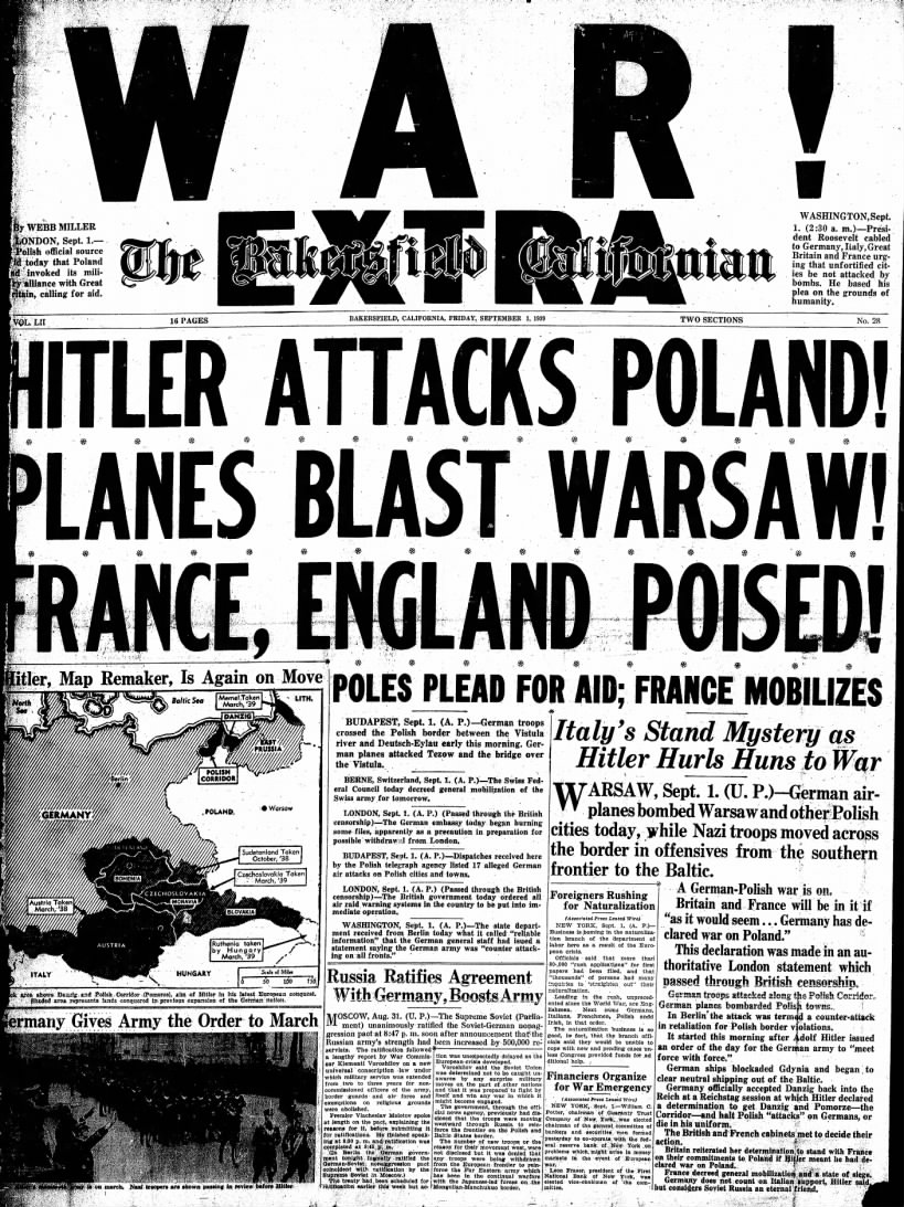 United States newspaper front page with news of Germany's invasion of Poland