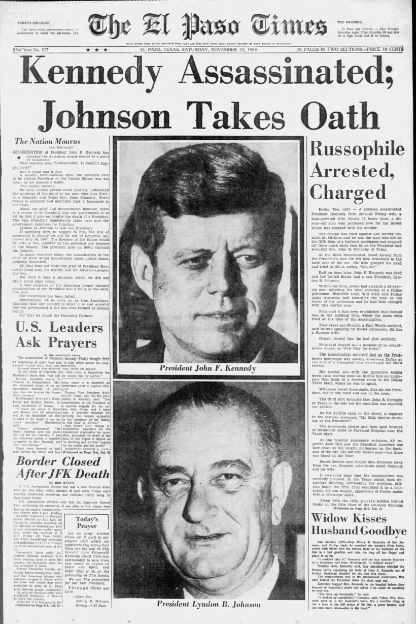 Newspaper front page coverage of the John F. Kennedy assassination in Dallas, Texas