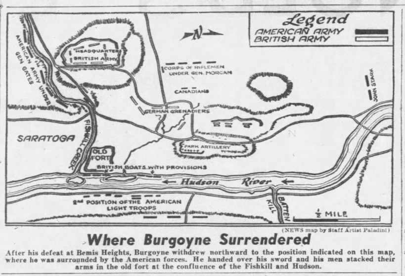 Map of where General John Burgoyne surrendered after the Battles of Saratoga
