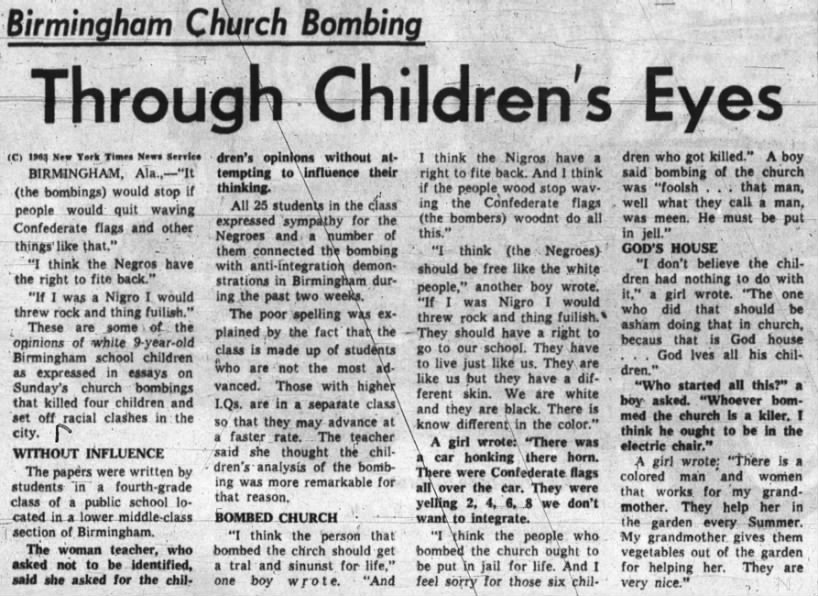 4th-grade children describe their thoughts about the Birmingham Church Bombing