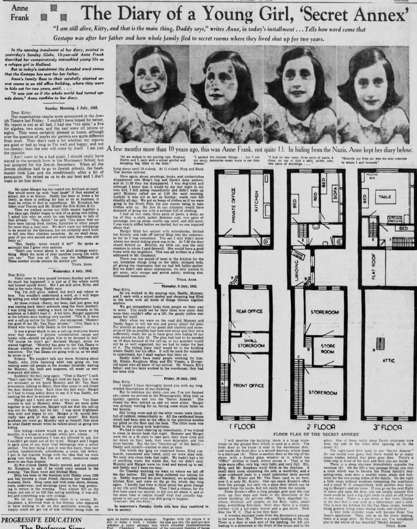 Excerpt from Diary of a Young Girl, published in English 1952, includes floor plan of Secret Annex