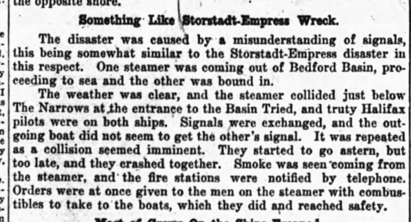 Newspaper article says Halifax Explosion disaster was caused by a "misunderstanding of signals"