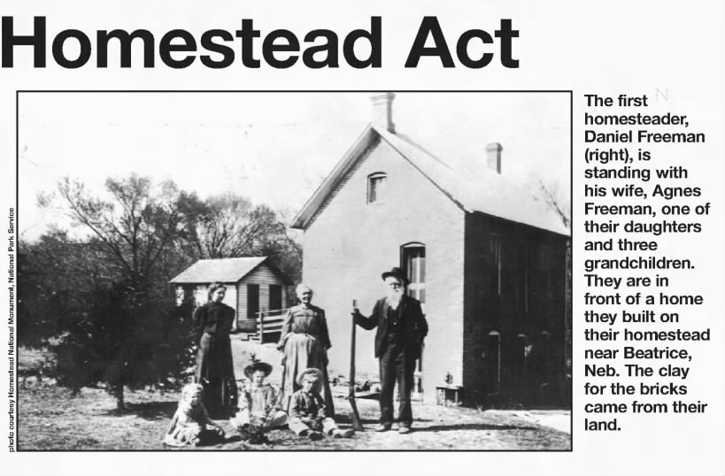 Photo of first homesteader, Daniel Freeman, by his home in Beatrice, Nebraska