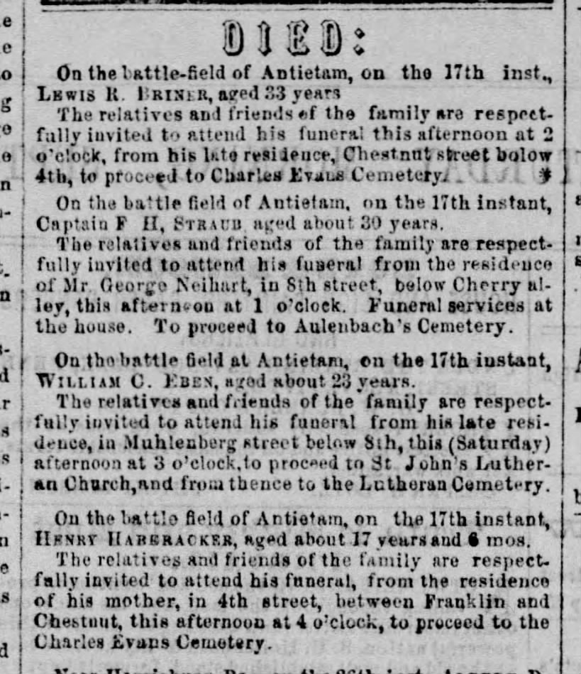 Funeral notices for 4 Pennsylvania soldiers killed at the Battle of Antietam
