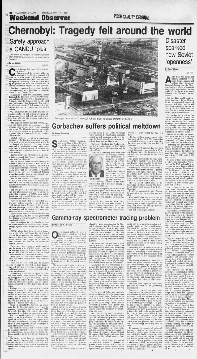 Canadian newspaper articles about the Chernobyl disaster from a few weeks after the accident