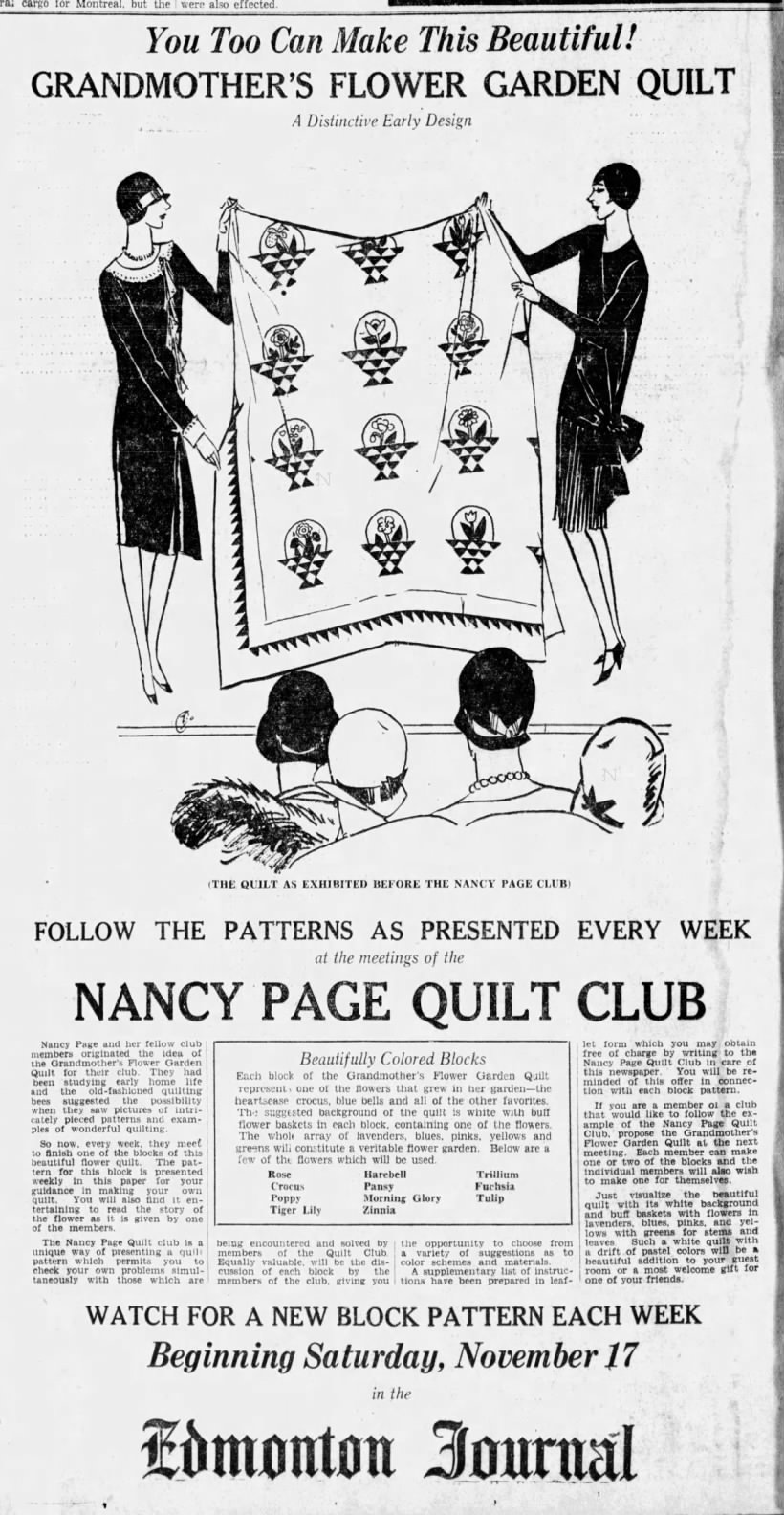 Nancy Page Quilt Club, 1928