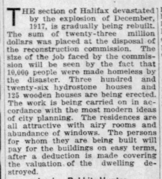 1919 article reports on the reconstruction of Halifax after the explosion