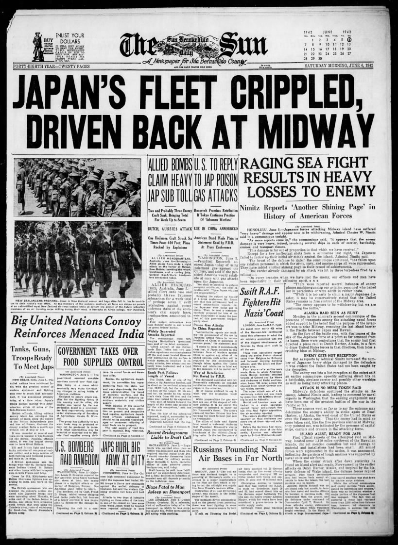 "Japan's Fleet Crippled, Driven Back at Midway," June 6, 1942, headlines
