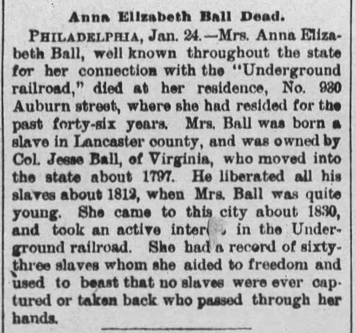 Anna Elizabeth Ball helped 63 enslaved people escape through Underground Railroad