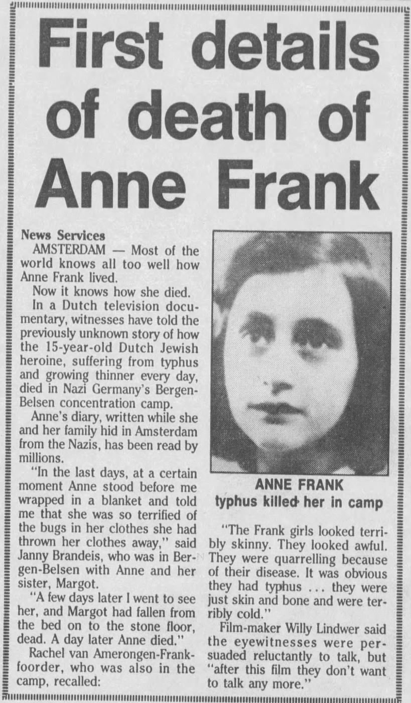 1988 article mentions documentary's grim details of Anne Frank's death from typhus in Bergen-Belsen