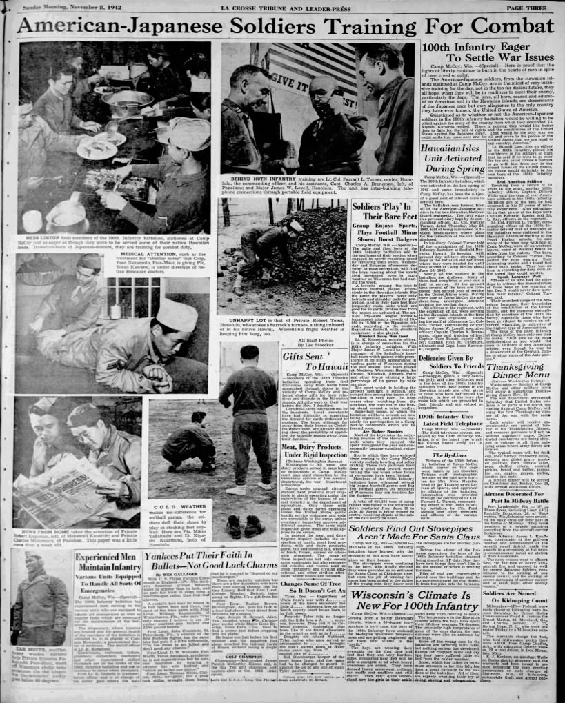 Newspaper page with photos and articles about the 100th Infantry Battalion while at Camp McCoy