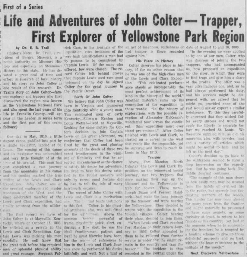 "Life and Adventures of John Colter—Trapper, First Explorer of Yellowstone Park Region"