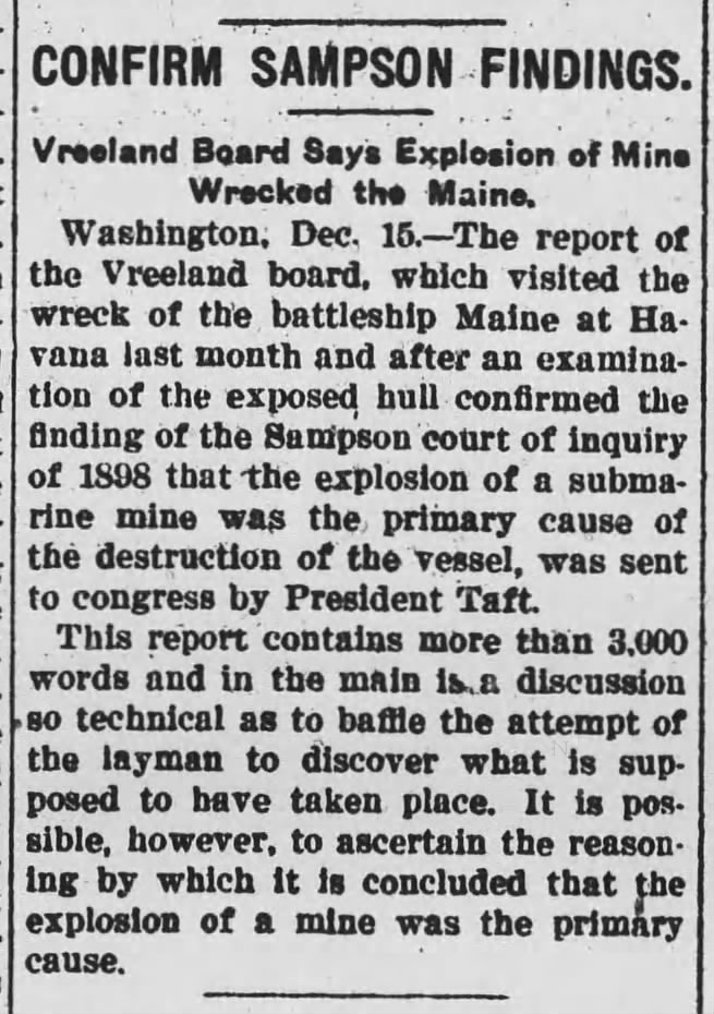 1911 official investigation into the Maine confirms 1898 findings that it was sunk by a mine
