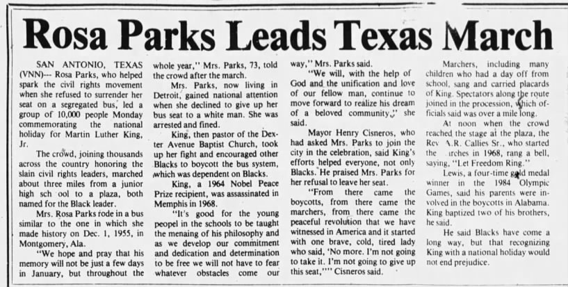Rosa Parks leads Texas march commemorating the life of Martin Luther King Jr. in 1987