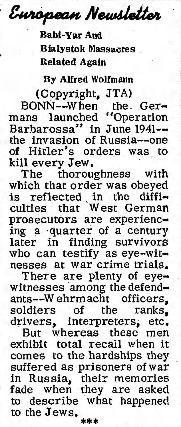 1968 article proposes reason for lack of eye-witnesses to Nazi atrocities towards Jews in Russia