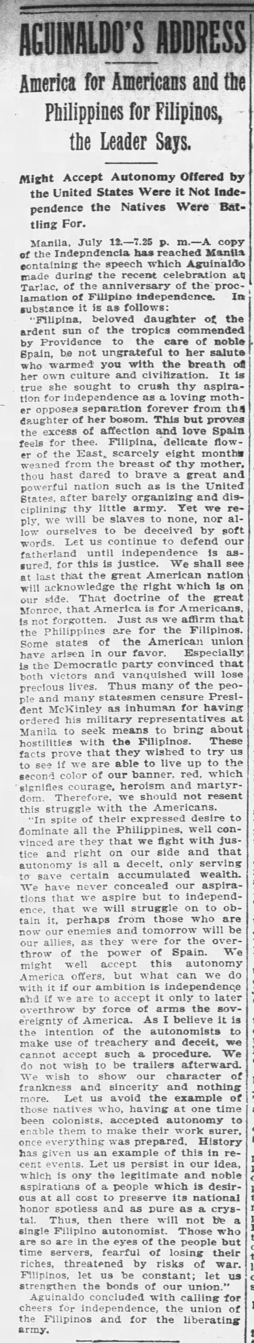 Newspaper prints copy of a speech by Emilio Aguinaldo about Philippine independence
