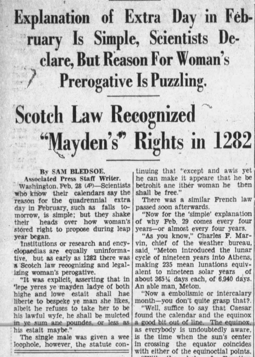 Puzzling origins of Leap Day as a day for women to propose cites 13C Scottish Law