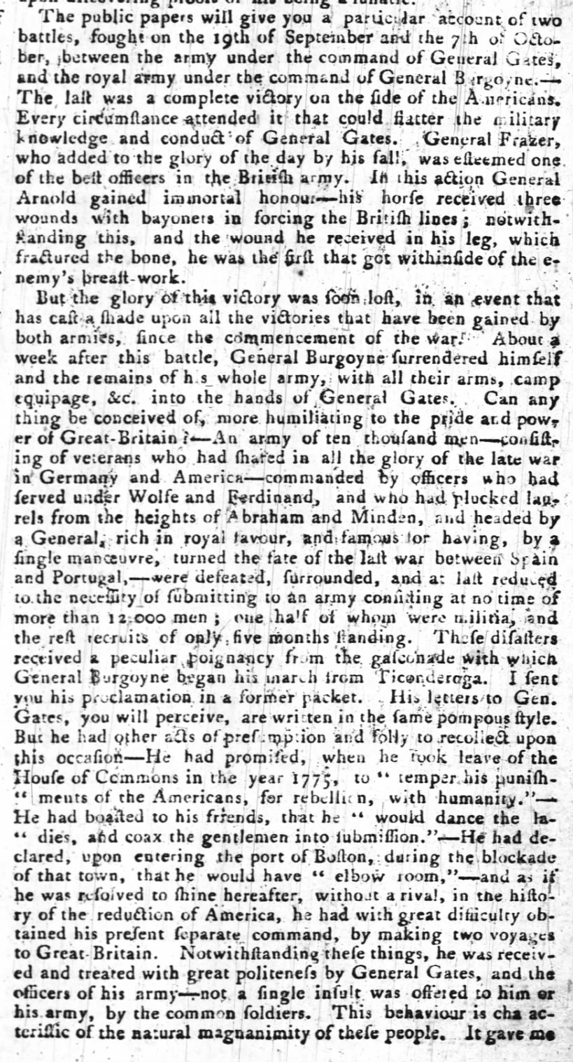 A Frenchman living in America writes a letter with his views on the Battles of Saratoga