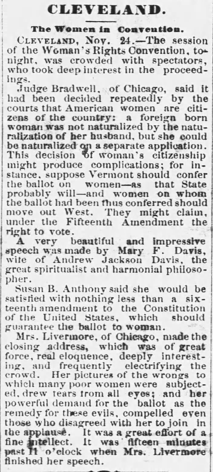 Anthony quoted saying she would be "satisfied with nothing less" than a women's suffrage amendment