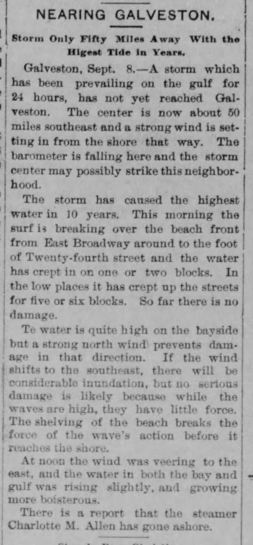 Newspaper reports that a hurricane is nearing Galveston, Texas, in September 1900
