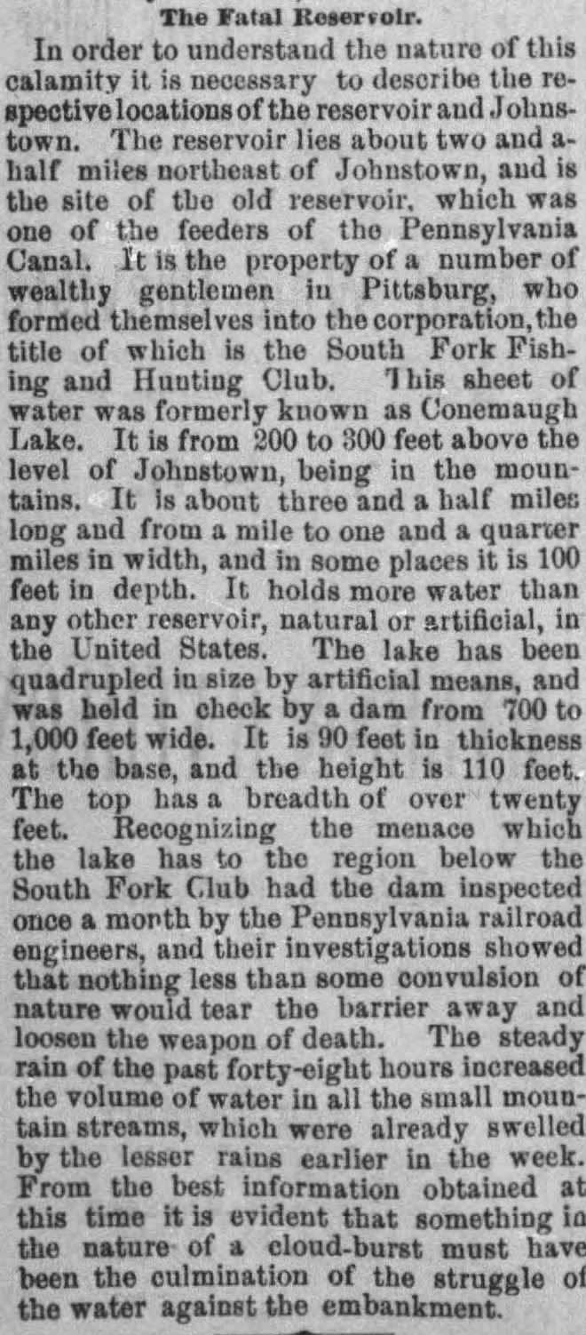 Description of Lake Conemaugh reservoir, South Fork Dam, swollen streams caused by heavy rain