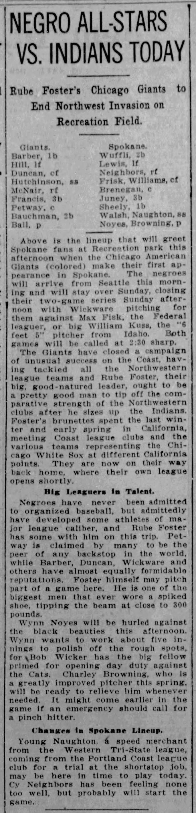 Rube Foster's Chicago American Giants set to play game in Spokane, WA, in April 1915