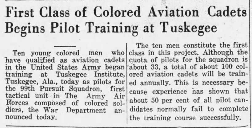 First class of aviation cadets begin training at Tuskegee Institute for 99th Pursuit Squadron