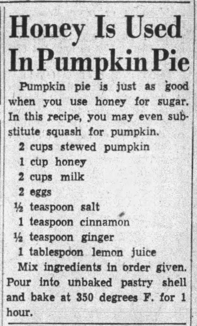 1942 recipe for pumpkin pie with honey instead of sugar