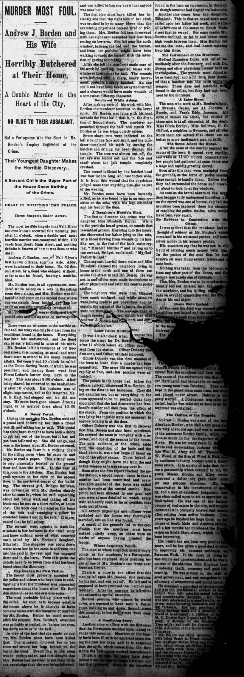 Same-day coverage of the murders of Andrew and Abby Borden from a Fall River newspaper