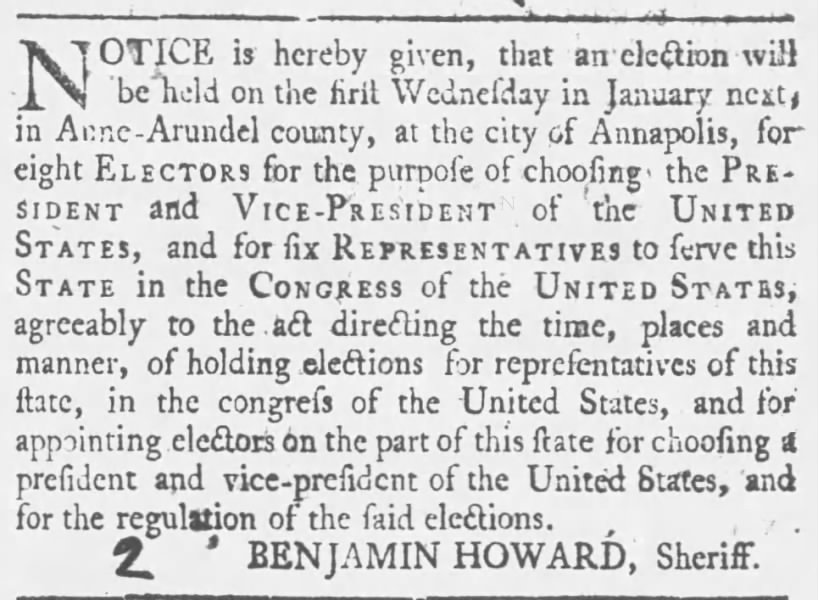 1788 notice about an election in MD "for eight electors for the purpose of choosing the president"
