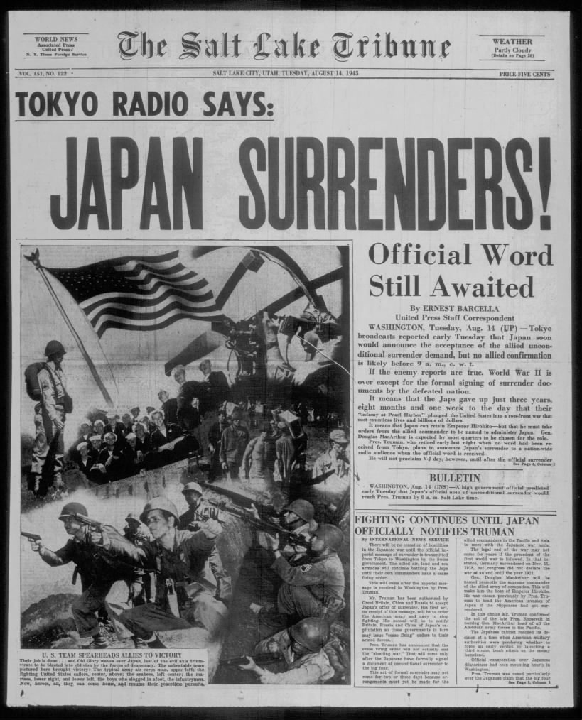 Utah newspaper August 14 front page with headline "Tokyo Radio Says: Japan Surrenders!"