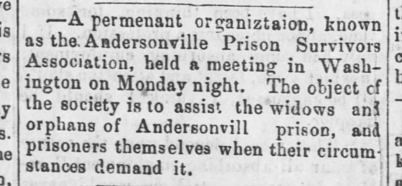 Association to assist Andersonville Prison survivors, widows, and orphans