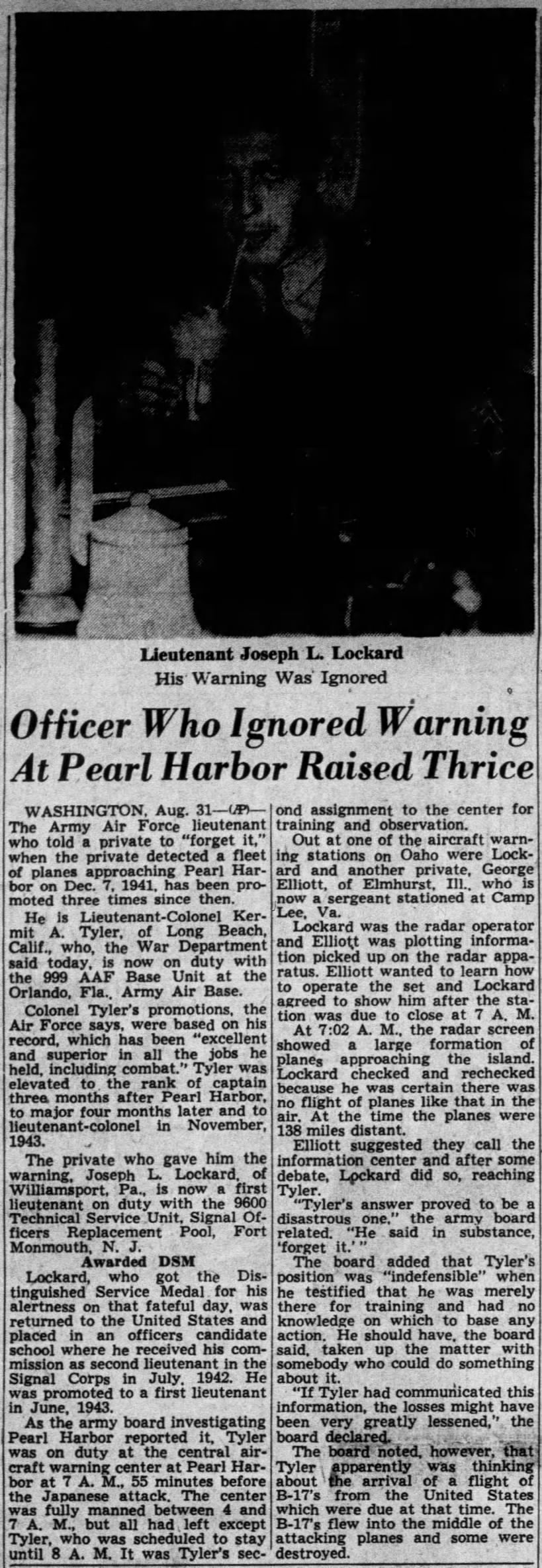 Pvt. Lockhard saw planes on radar before Pearl Harbor attack, ignored as American B-17s