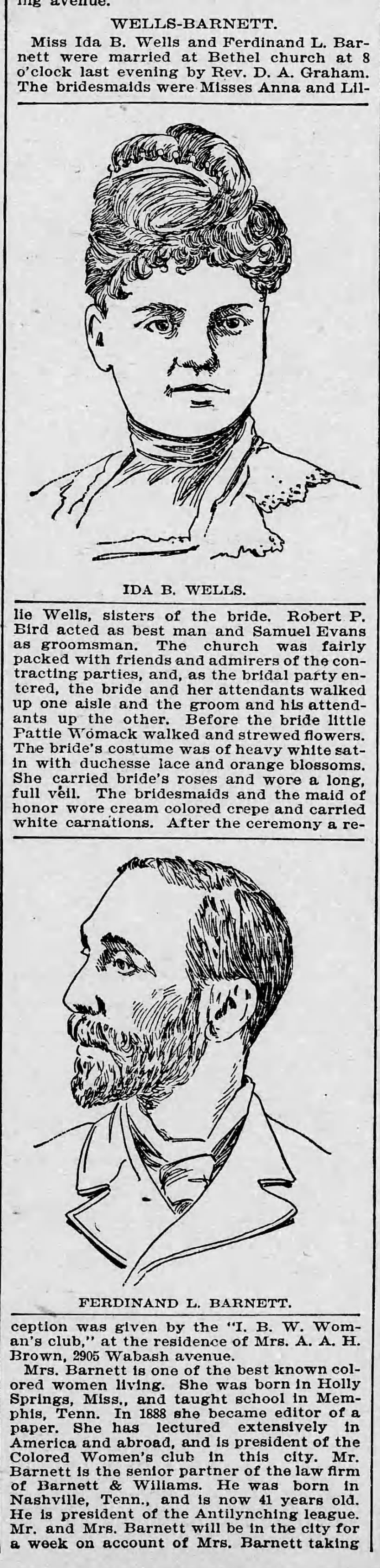 Marriage of Ida B. Wells to Ferdinand L. Barnett, including description of wedding ceremony, 1895