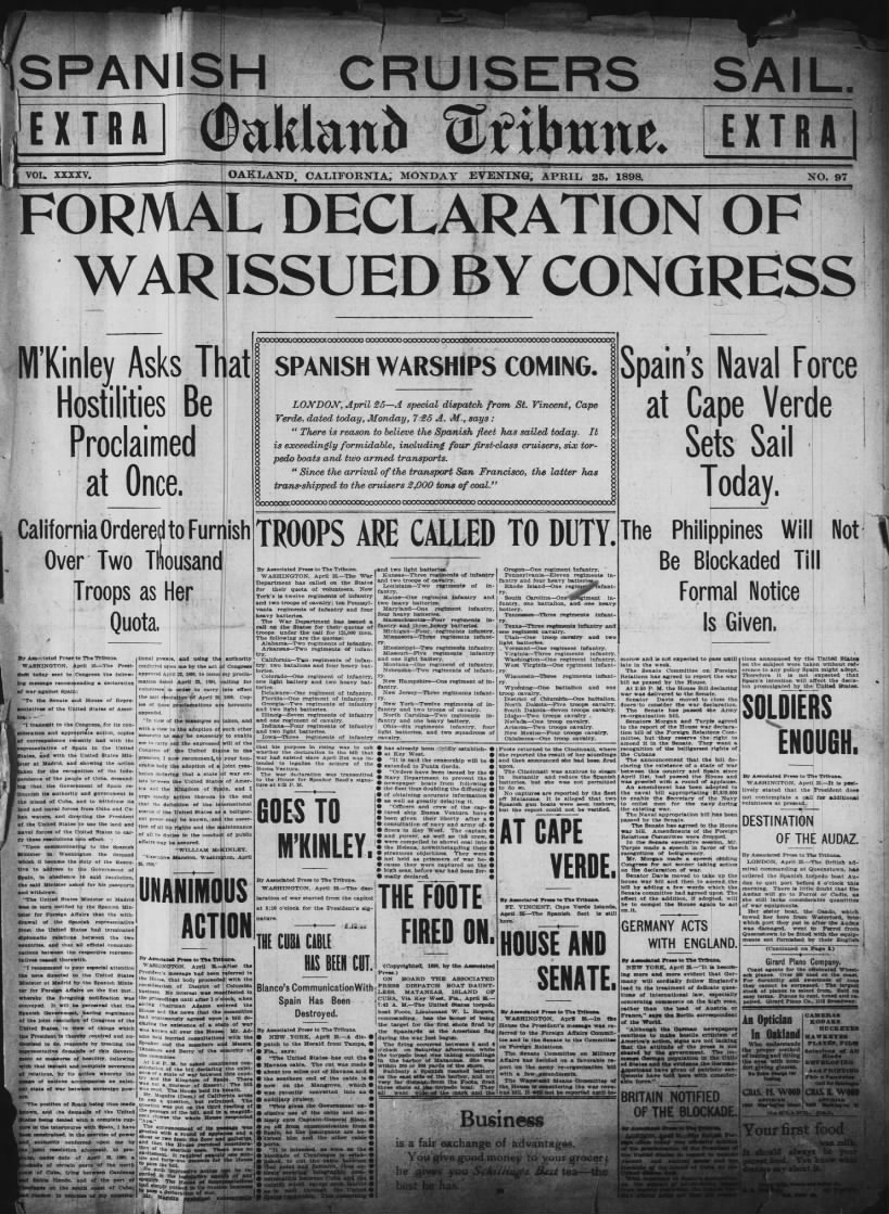 U.S. Congress formally declares war on Spain on April 25, 1898