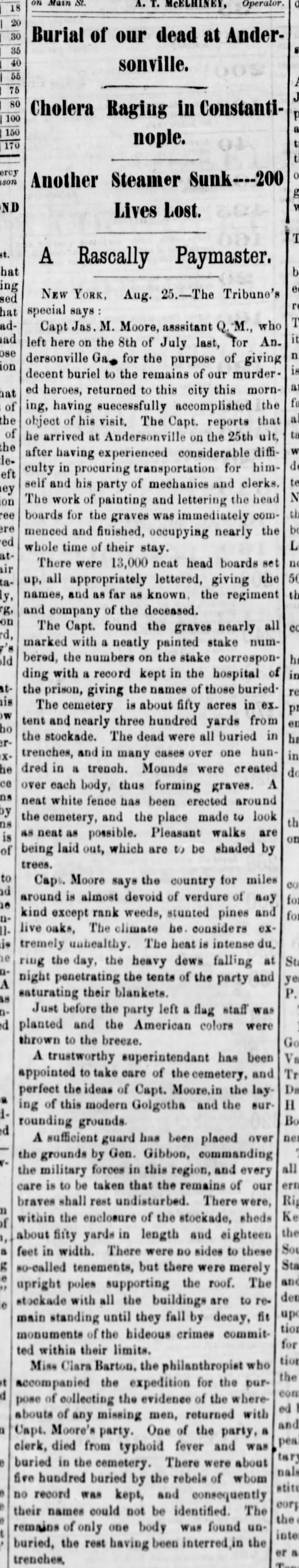 Union dead at Andersonville are identified and buried after the war; Clara Barton assists