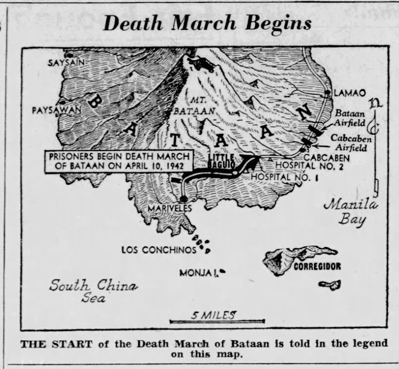 Map of Bataan Death March published in a newspaper in February 1944