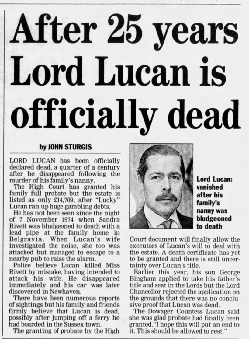 "After 25 years, Lord Lucan is officially dead"