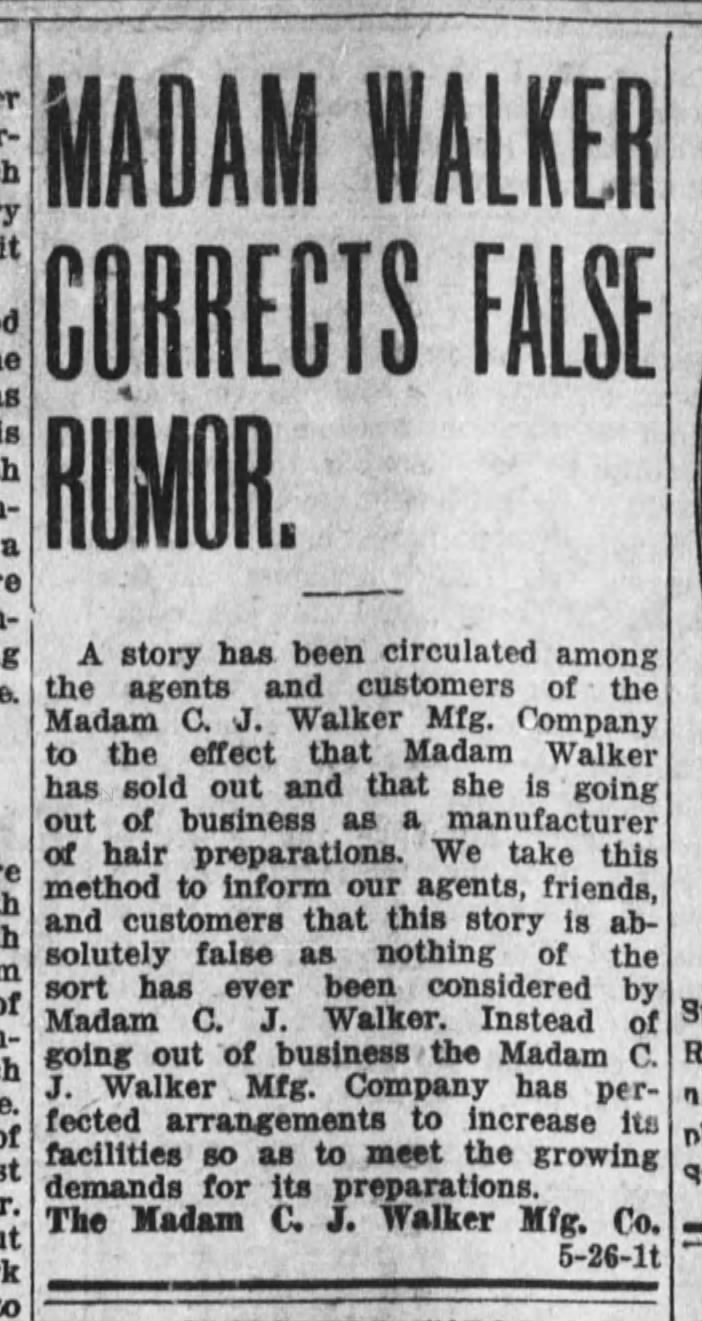 Madam C.J. Walker's company corrects going-out-of-business rumor, 1919
