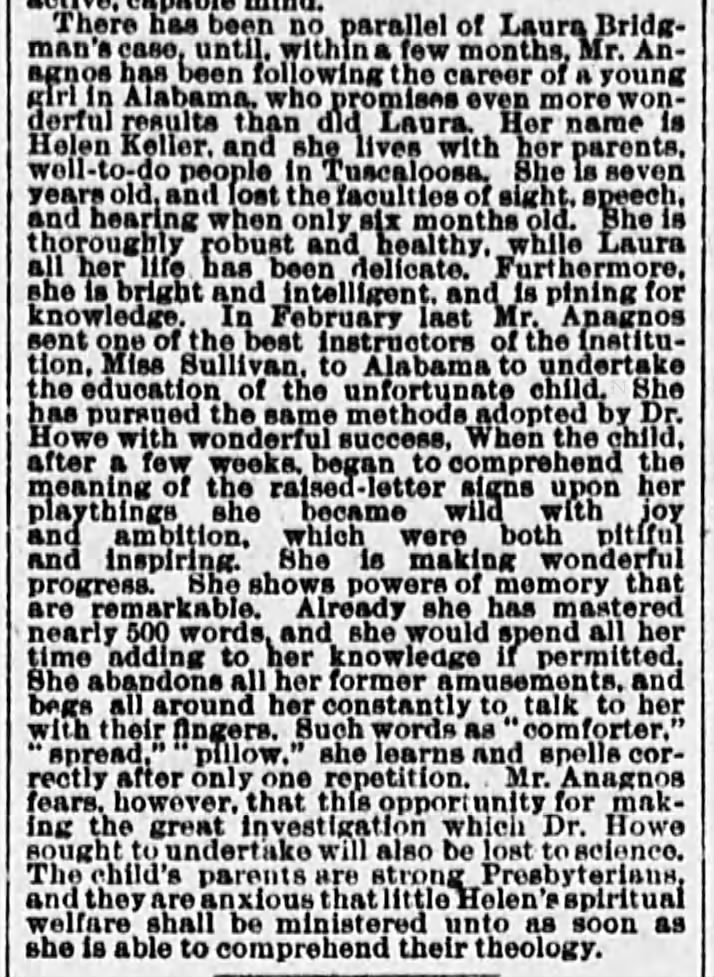 7-year-old Helen Keller is discussed in a New York newspaper, 4 months after meeting Anne Sullivan