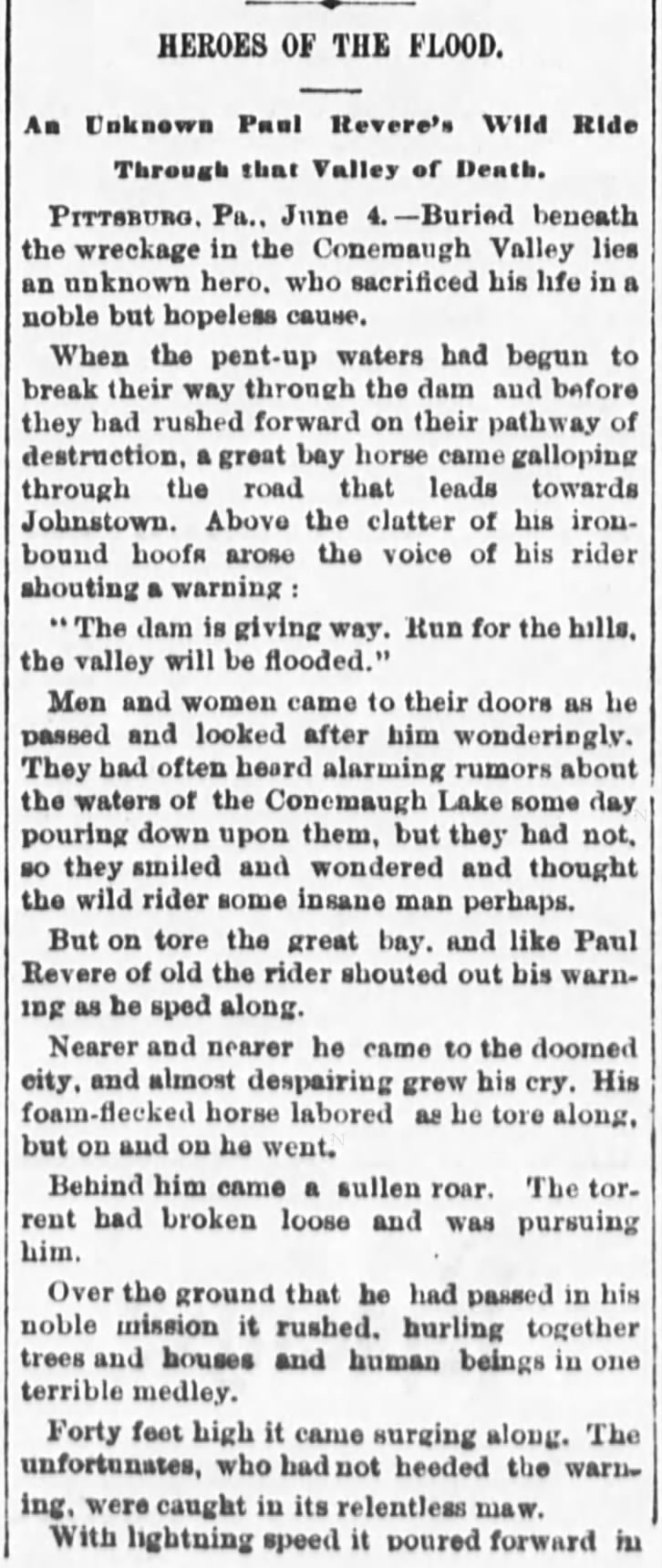 Sensationalized contemporary account of "Unknown Paul Revere's Wild Ride" to warn of flood (excerpt)