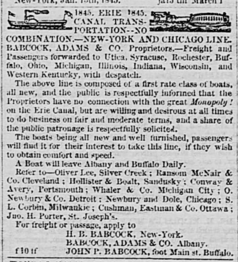 Ad for freight and passenger ships on the Erie Canal, 1845